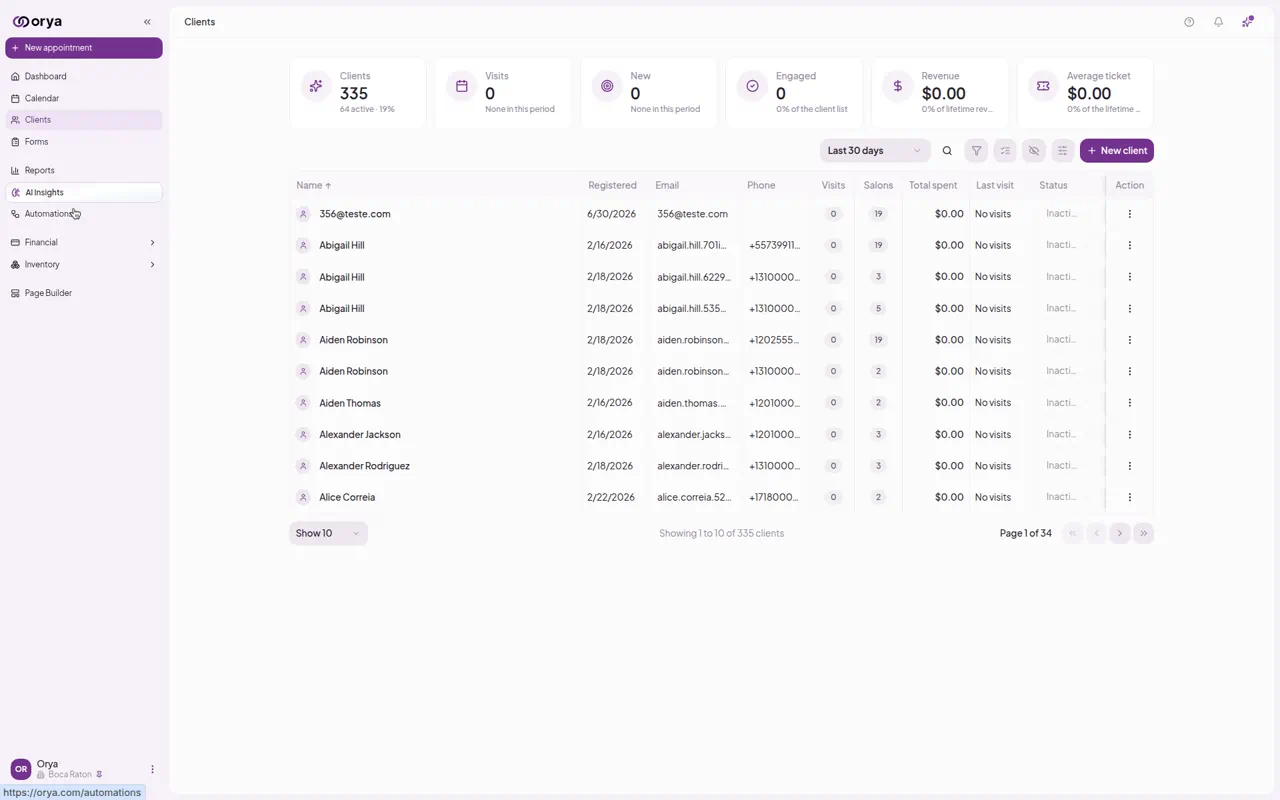 Orya clients list showing salon client records, visits, and status in one workspace.