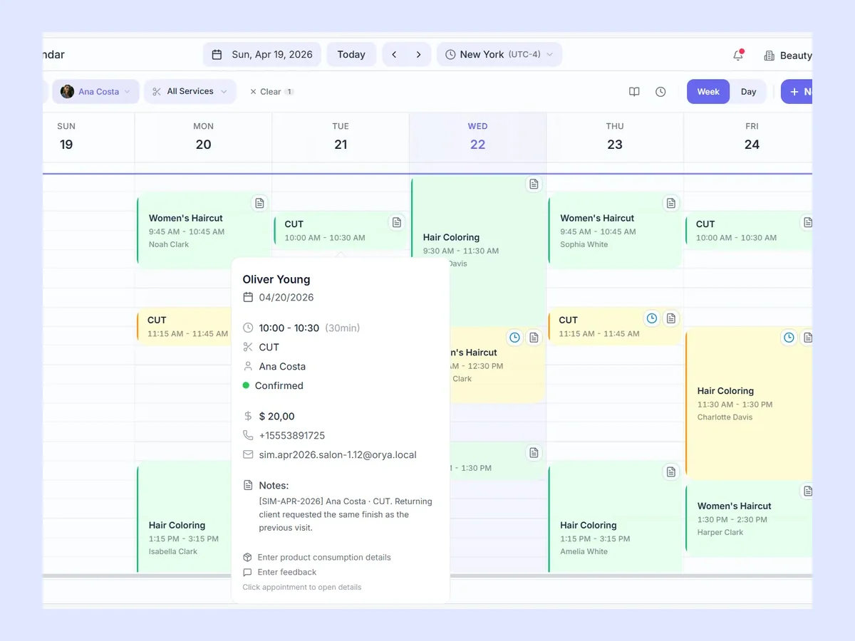 Orya calendar for massage therapy sessions
