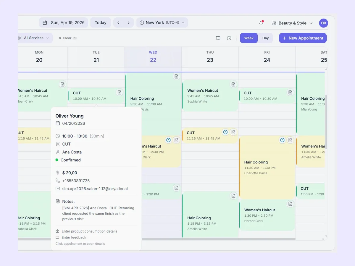 Orya calendar view arranged for salon appointments