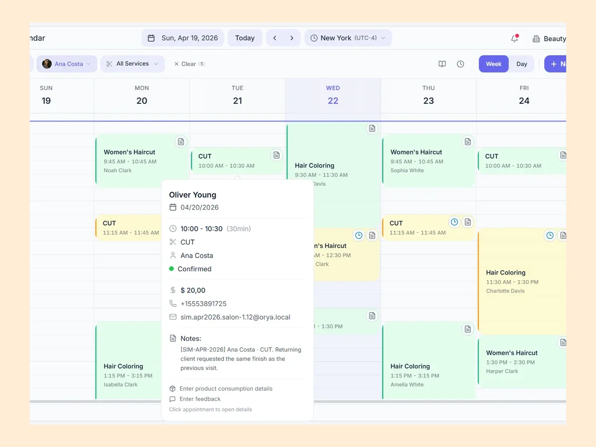 Orya calendar for facial and skincare appointments