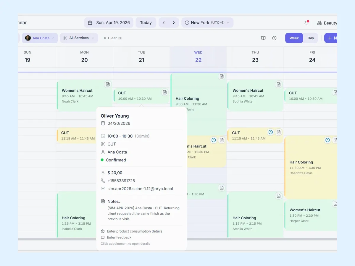 Orya calendar organized for spa treatments